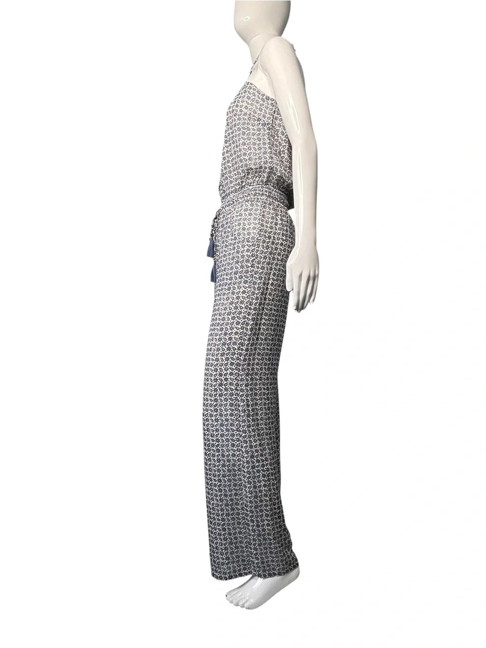 Tory Burch Silk Ditsy Floral Wide Leg Halter D-Ring Tassel Jumpsuit XS